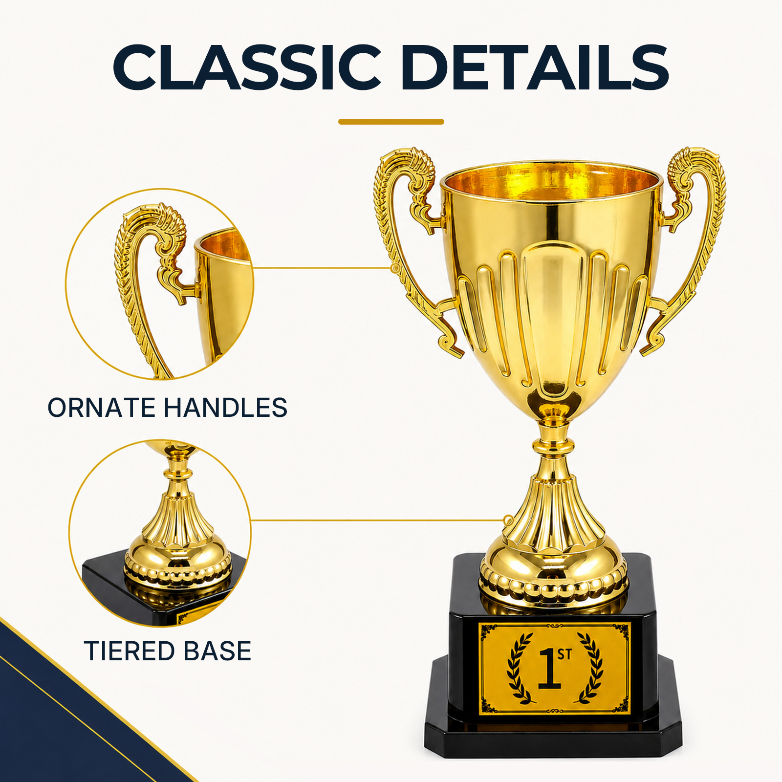 Trophy graphic highlighting ornate handles and tiered base